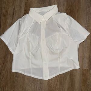 SHEIN White Short Sleeve Button-Up Cropped Blouse
